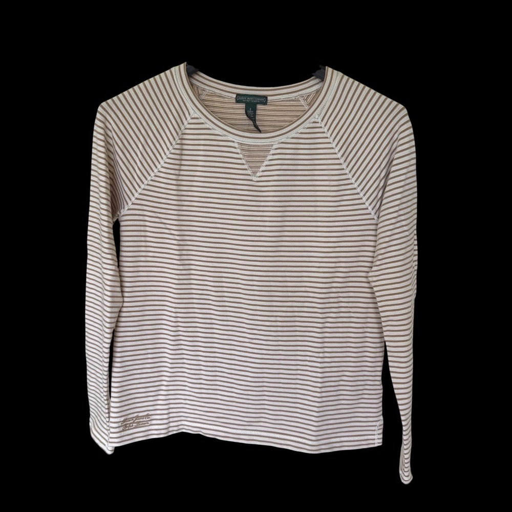 Lauren Ralph Lauren Tan White Striped Long Sleeve Raglan Top Small